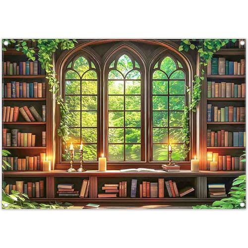 7x5ft Fabric Vintage Wooden Bookshelf Backdrop Retro Library Window Green Forest Candle Photography Background Indoor School Decorations Photo Booth Props - size: 7'x5'