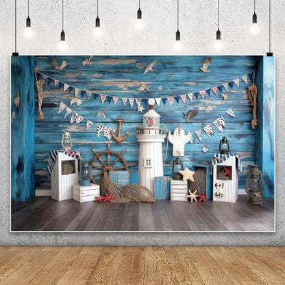 YongFoto Nautical Adventure Theme Backdrop 5x3ft Blue Deck Lighthouses Boat Rudder Fishing Net Seagull Photography Background Baby Shower Boy Birthday Party Banner Portraits Photoshoot Wallpaper - color: Style 1, size: 5ftx3ft