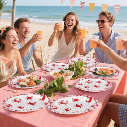 Grencian 50Pcs Crab Boil Oval Paper Plates 10"×12" Large Red Gingham Crab Party Plates Disposable Heavy Duty Summer Seafood Boil Party Supplies for BBQ Picnic Cookout Gathering Carnival Birthday Decor - style: Crab Oval Plates