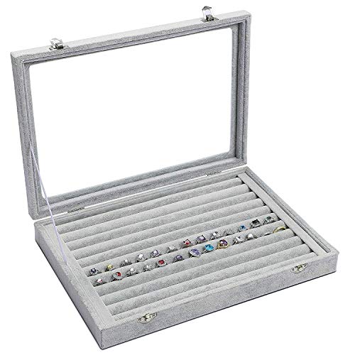 Jewelry Tray Ring Organizer Box with Clear Lid Velvet Tray for Jewelry Storage Display Case, 10 Slots Can Hold 100 Rings Earrings Dustproof Necklace Jewelry Box Organizer & Tray - color: Ring Box