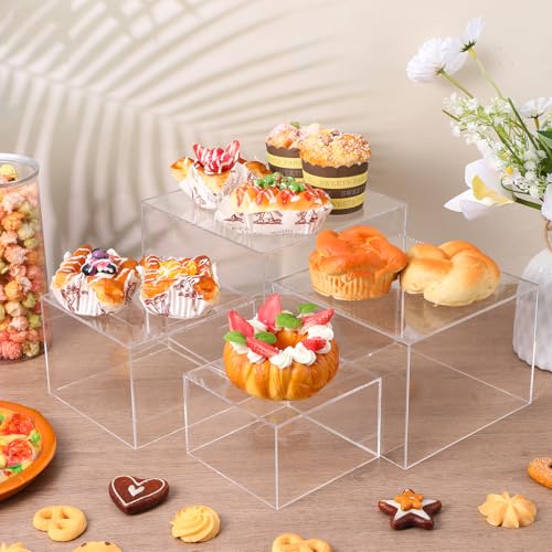 6 Pcs Acrylic Risers for Display Clear Risers Display Stands with Hollow Bottoms 5 Sided Acrylic Cube Boxes Square Nesting Cubes Decorative Stand Shelf for Food Dessert Jewelry Figures Decor 6 Sizes