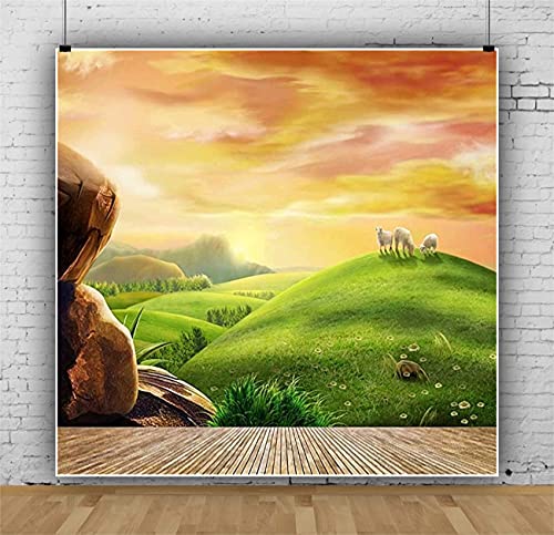 AOFOTO Photography Girl Background 10x10ft Backdrop Dreamy Pastoral Scenery Cartoon Painting Rosy Clouds Sheep Grass Hillside Wood Floor Photo Shoot Studio Props Video Artistic Portrait - size: 10x10ft