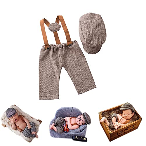 Newborn Monthly Baby Photo Props Stripe Checked Flat Cap Newsboy Suspender Pants Romper for Photography Outfits - color: Coffee