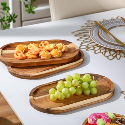 Yaomiao 4 Pcs Acacia Wooden Serving Tray Oval Shaped Rustic Wood Plates Large Decorative Natural Tray Serving Platter for Food Charcuterie Cheese Dish Bread Fruit Kitchen(11 x 6 Inch) - size: 11 x 6 Inch