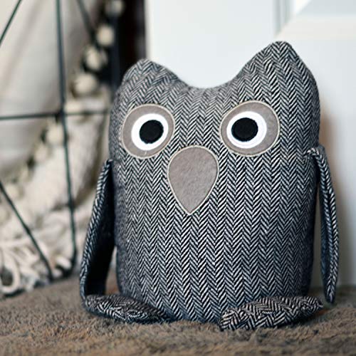Baby Barn Owl Door Stopper, Rustic Herringbone Fabric with Gray and Black Details, Applique Eyes, Rustic Woven, Polyester, Sand Filling, Weighted Prop, 8 3/4 Inches Tall, 2.3 Pounds - color: Owl