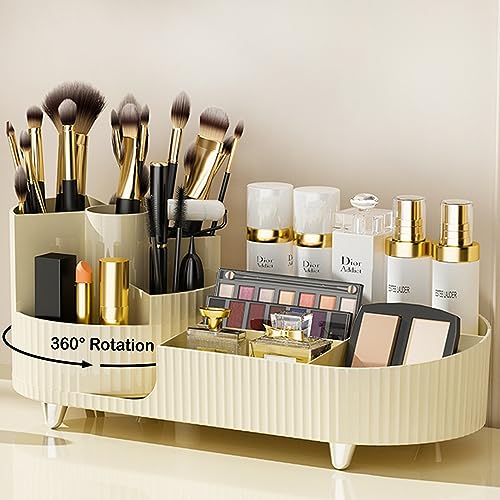 Rotating Makeup Organizer for Vanity with Brush Holder, Cosmetic Makeup Storage Organizer, Large Spinning Makeup Skincare Organizer, Countertop Makeup Perfume Organizer, Lotions Display Case Ivory - color: Ivory