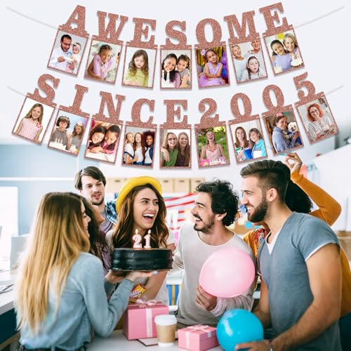 Pre-strung Awesome Since 2005 Photo Banner Birthday Decorations for Her Women- Pink Rose Gold Glitter Happy 21st Birthday and Anniversary Decorations Party Supplies - style: Pink Rose Gold 21st