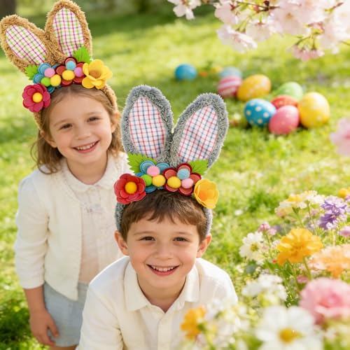 3 Pack Luxurious Easter Bunny Ears Headband Cute Plush Rabbit Ears for Kids Adult Cosplay Birthday Party Supplies - color: 3pcs Headband With Flowers-3