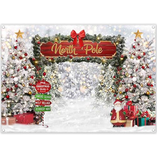 Fabric 7x5ft Merry Christmas Winter Bokeh Photography Backdrop North Pole Forest Snow Xmas Tree Background Santa Party Decoration Holiday Photo Banner Props - size: 7'x5'