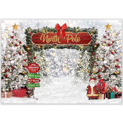 Fabric 7x5ft Merry Christmas Winter Bokeh Photography Backdrop North Pole Forest Snow Xmas Tree Background Santa Party Decoration Holiday Photo Banner Props - size: 7'x5'