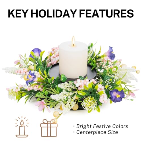 MOYEE Candle Holder Centerpieces for Tables,Candle Ring,Wreaths, Black Metal Candle Stick Paired Artificial Flowers 14 in Versatile Dining Table Centrepiece - color: Purple Trumpet Flower Wreath