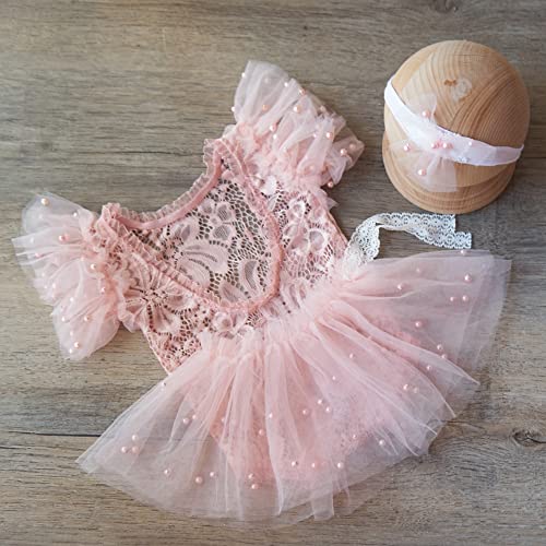 Zeroest Newborn Photography Outfits Girl Lace Romper Newborn Photography Props Rompers Baby Girls Skirt Photoshoot 3 PCS - color: Pink-short Sleeve