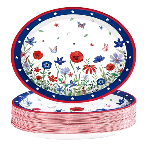 Grencian 50 Pcs 4th of July Flower Oval Paper Plates 10" × 12" Heavy Duty American Flag Plates Disposable Patriotic Platters for Independence Day Memorial Day 250th Anniversary Party Supplies Decor - style: 50Pcs 4th of July Floral Oval Plates