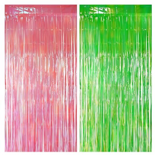 4 Pack Pink & Green Party Streamers Backdrop Curtains, 3.3x8.2ft Holographic Tinsel Foil Curtain Photo Booth Props for Birthday, Wedding, Holiday Celebration, Bachelorette, Theme Decorations - color: Pink & Green, size: 4 Pack