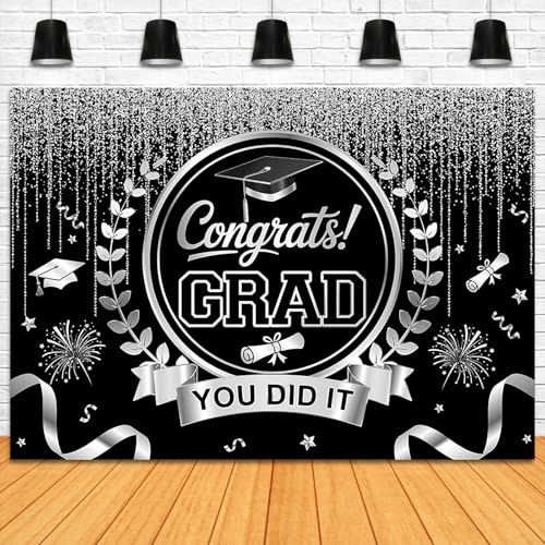 Graduation Backdrop Congrats Grad You Did It Party Decorations Background Congratulations Graduate Class of 2026 Banner Photo Booth Props (Black and Silver, 7x5ft) - color: Black and Silver