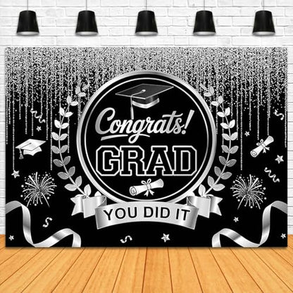 Graduation Backdrop Congrats Grad You Did It Party Decorations Background Congratulations Graduate Class of 2026 Banner Photo Booth Props (Black and Silver, 7x5ft) - color: Black and Silver