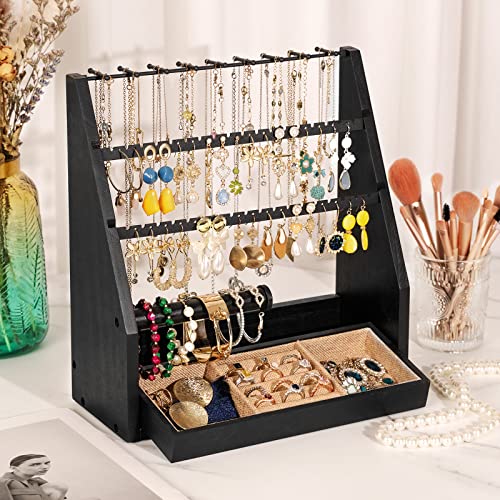 DGWJSU Earring Organizer, 5 Layer Earring Holder Organizer with Necklace Holder, Rustic Wood Jewelry Organizer Stand Display for Stud Earring Bracelet Necklace Ring, Watches - color: Black