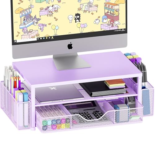 OPNICE Desk Organizers and Accessories, 2-Tier Computer Monitor Stand Riser with Drawer and 2 Pen Holders, Laptop Stand, Office Desk Accessories & Office Decor for Women, Purple - color: Purple 1-Pack