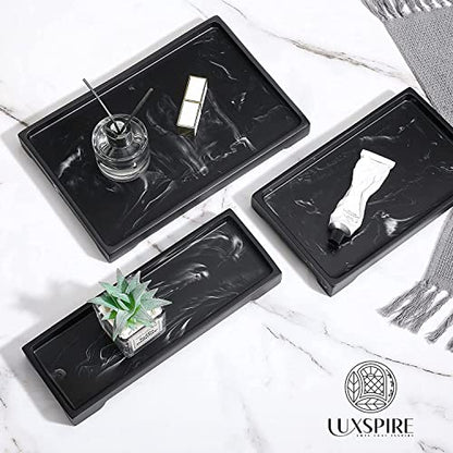Luxspire Bathroom Sink Vanity Trays, 10" x 6" Resin Vanity Tray for Soap Dispenser, Kitchen Sink Trays, Vanity Countertop Organizer for Candles Soap Towel Perfume Holder Jewlery, Marble Style -M- Ink - color: A - Ink, style: Medium