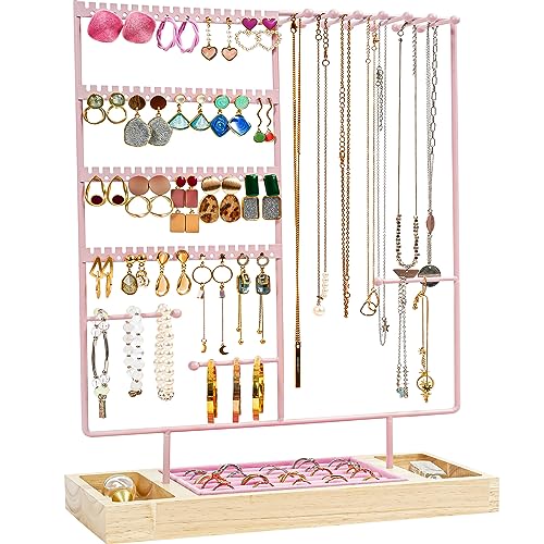 ProCase Jewelry Organizer Stand Earring Holder Organizer, 6 Tiers Earring Organizer Tree Necklace Rack Jewellery Tower Bracelets Holder Storage with Removable Wooden Ring Tray for Women Girls -Pink - color: Pink
