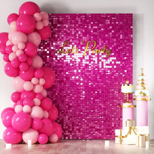 COKAOBE Hot Pink Shimmer Wall Backdrop, 24PCS Square Sequin Shimmer Backdrop Panel, Photo Backdrops for Birthday, Anniversary, Wedding, Graduation & Bachelorette Party Decoration - color: Hot Pink, size: 24pcs (6x4ft)
