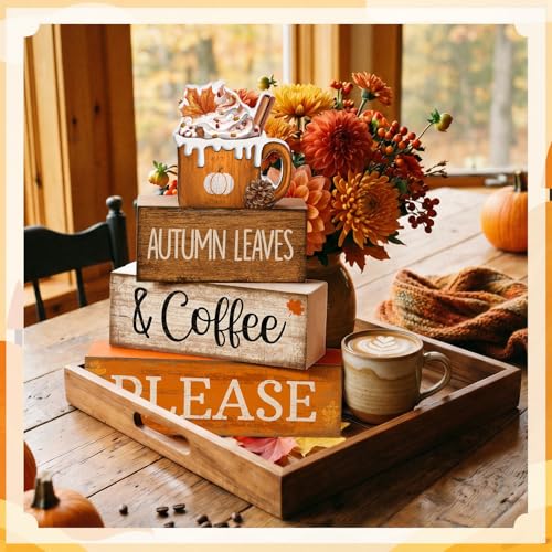 Lineshading 4 Pcs Fall Harvest Decoration for Home Autumn Cup Decor Thanksgiving Rustic Wooden Tiered Tray Decor Cup Gift Pumpkin Ice Cream Tabletop Centerpiece for Coffee - style: Autumn Leaves 2