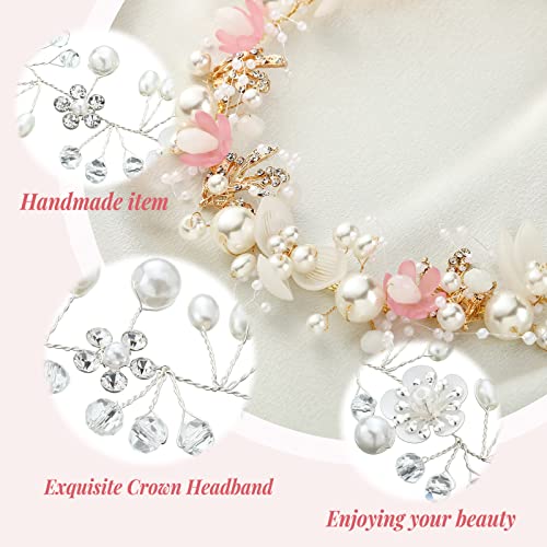 Retrowavy 2 Pcs Flower Girl Headpiece, Flower Girl Hair Accessories Rhinestone Crystal Princess Pearl Headband Bridal Hair Headband for Wedding First Communion(Pink) - color: Pink