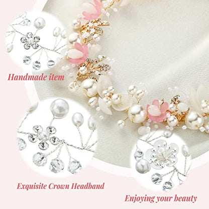 Retrowavy 2 Pcs Flower Girl Headpiece, Flower Girl Hair Accessories Rhinestone Crystal Princess Pearl Headband Bridal Hair Headband for Wedding First Communion(Pink) - color: Pink