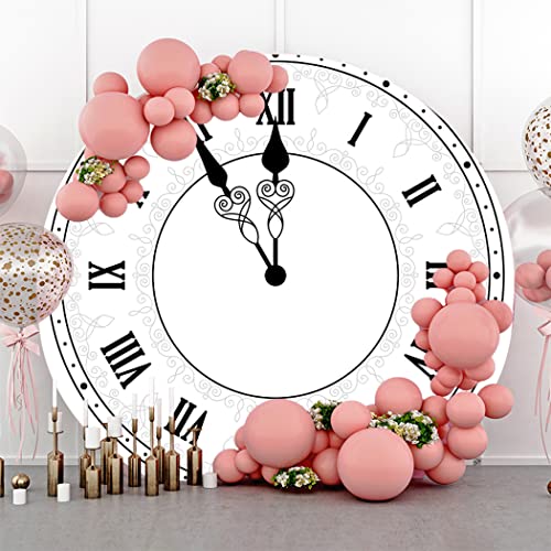 7.2x7.2ft Happy New Year Round Backdrop Cover - Polyester Luxury White Clock Countdown Photography Background for Family Xmas Eve Party Decorations Kids Adults Portrait Props - color: White, size: 7.2x7.2ft-Diameter