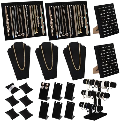 20 Pcs Black Velvet Jewelry Display Sets, Necklace Bracelet Holder Jewelry Bust Holder Stand Ring Display Stand for Selling Craft Showcase Organizer