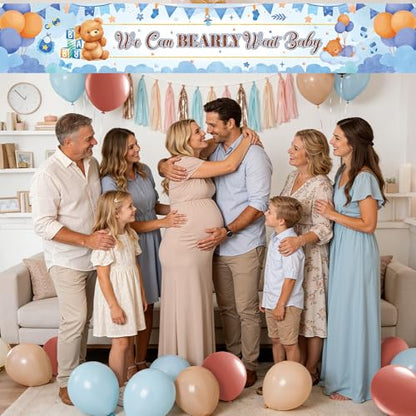 We Can Bearly Wait Baby Shower Decorations Set with 50 Balloons Large 10ft Fabric Banner Blue Brown Boho Teddy Bear Theme Party Supplies for Boy Gender Reveal Backdrop Yard Sign Photo Prop