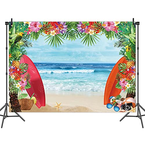 HQM 7x5FT Fabric Summer Tropical Beach Photo Background Beach Conch Hawaii Blue Sea Flower Children Birthday Luau Party Photography Backdrop Kids Baby Shower Cake Table Decor Supplies - size: 7x5 FT