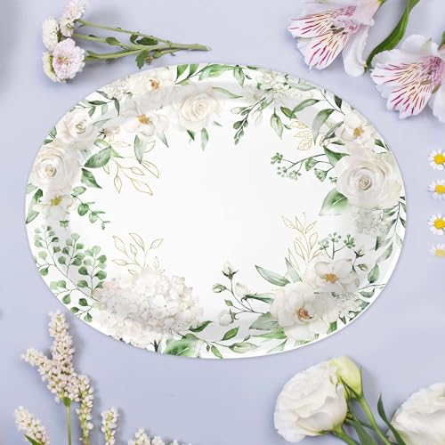 50PCS White Floral Oval Paper Plates 10"X12" Eucalyptus Flower Plates Disposable Heavy Duty Green Leaves White Flowers Tablewre Spring Blossom Flowers Dinnerware for Wedding Birthday Bridal Shower - style: 50PCS White Floral Oval Plates