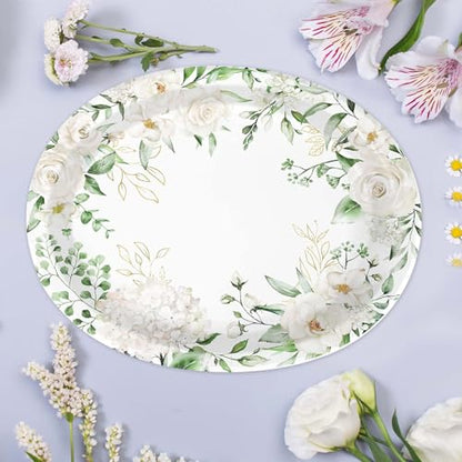 50PCS White Floral Oval Paper Plates 10"X12" Eucalyptus Flower Plates Disposable Heavy Duty Green Leaves White Flowers Tablewre Spring Blossom Flowers Dinnerware for Wedding Birthday Bridal Shower - style: 50PCS White Floral Oval Plates