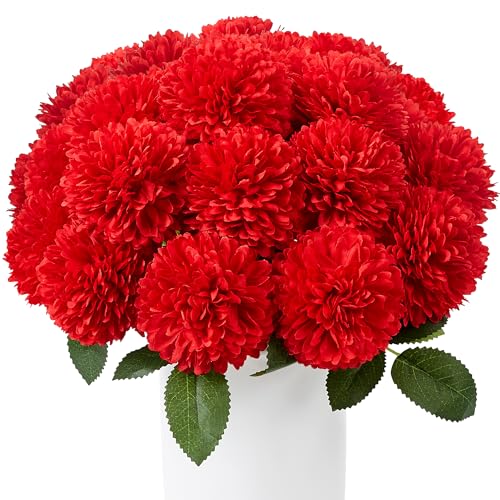 SITUMEIZI 12 Pcs Red Flowers Artificial Chrysanthemums Ball Flower Fake Mums Silk for Spring Wedding Home Kitchen Christmas Decoration Floral Arrangement Table Centerpiece - color: Red, size: 12 Pieces