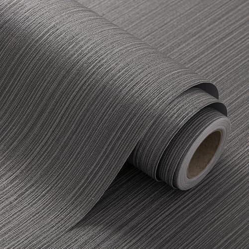 Black Grasscloth Peel and Stick Wallpaper Linen Textured 24"x787" Faux Grassweave Upgraded Thick Extra Large Self-Adhesive Neutral Contact Paper Vinyl Roll for Home Use - color: gray black, size: 787" x 24"