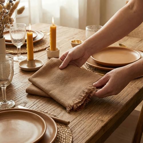 ACCENTHOME Brown Cotton Linen Napkin Set of 12 18x18 inch Dinner Napkins - Washable Soft Premium Hotel Quality Reusable Hemmed Edges Napkins Perfect Table Linens for Family Dinners, Weddings - color: 05 - Brown, size: 18"x18" - Pack of 12