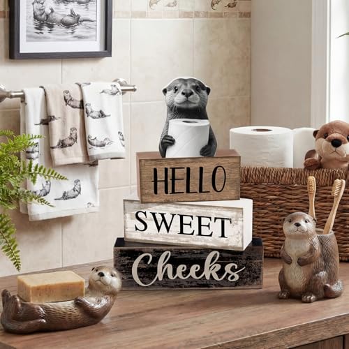 Moucuny 4 Pcs Otter Bathroom Decor Set Farmhouse Bathroom Decor and Accessories Rustic Hello Sweet Cheeks Wooden Blocks Signs with Toilet Paper Funny Toilet Shelf Decoration for Home Office Half Bath - style: Bathroom Otter