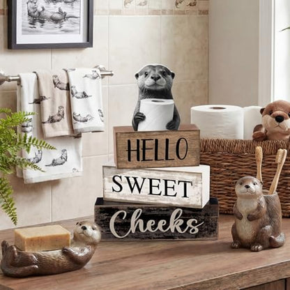 Moucuny 4 Pcs Otter Bathroom Decor Set Farmhouse Bathroom Decor and Accessories Rustic Hello Sweet Cheeks Wooden Blocks Signs with Toilet Paper Funny Toilet Shelf Decoration for Home Office Half Bath - style: Bathroom Otter