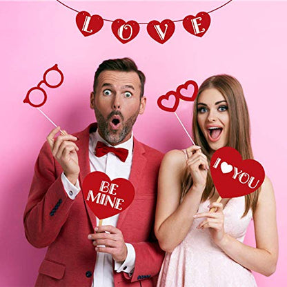 Valentines Day Photo Booth Props 35 PCS, DIY Funny Disguise Props Valentines Day Decorations with Love Banner - Valentines Party Supplies Wedding Photo Props