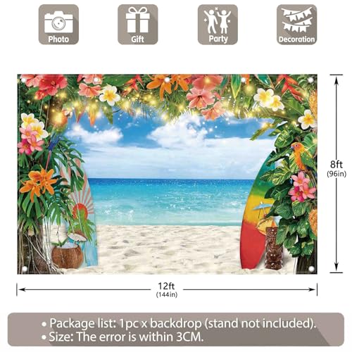12x8ft Fabric Summer Hawaiian Beach Photography Backdrop Tropical Flower Palm Leaves Surfboard Background Aloha Luau Decorations Photo Banner - size: 12'x8'