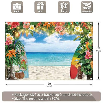 12x8ft Fabric Summer Hawaiian Beach Photography Backdrop Tropical Flower Palm Leaves Surfboard Background Aloha Luau Decorations Photo Banner - size: 12'x8'