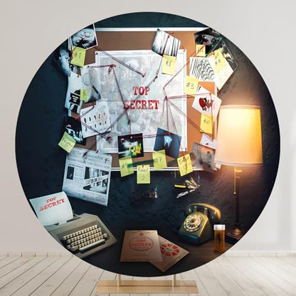 Detective Round Backdrop Cover 7.2x7.2ft Agent Spy Theme Top Secret Police Office Investigation Photography Background Crime Clue Evidence Murder Mystery Party Decorations Photo Booth Props - size: 7.2x7.2