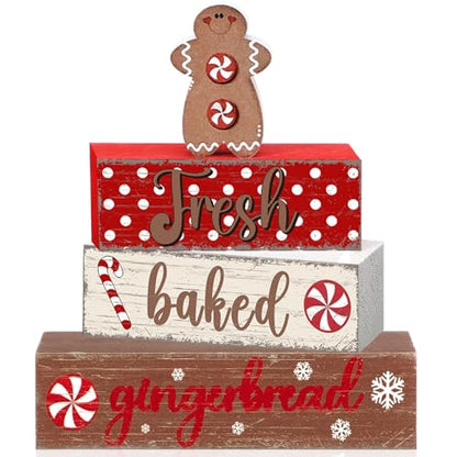 Geelin 4 Pcs Wooden Christmas Tabletop Decor Gingerbread Man Tiered Tray Decor Christmas Centerpiece Rustic Decorative Block Signs Gift Farmhouse Table Decoration for Home Kitchen - style: Gingerbread
