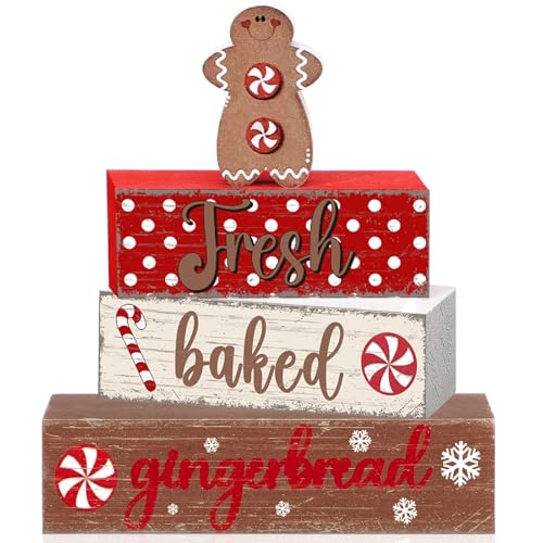 Geelin 4 Pcs Wooden Christmas Tabletop Decor Gingerbread Man Tiered Tray Decor Christmas Centerpiece Rustic Decorative Block Signs Gift Farmhouse Table Decoration for Home Kitchen - style: Gingerbread