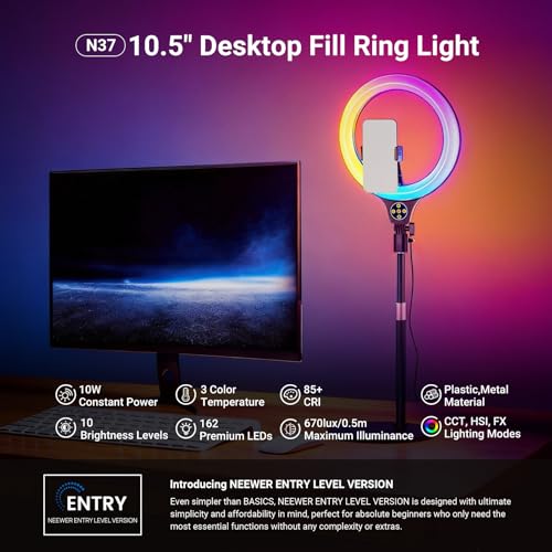 NEEWER ENTRY LEVEL VERSION N37 10.5" RGB Ring Light with Desktop Stand/Phone Holder Compatible with iPhone/Remote, 10W CRI85+ LED Lighting for TikTok YouTube Streaming Recording Laptop Zoom Video Call - color: Black, size: 10.5" Rgbw/Round Base
