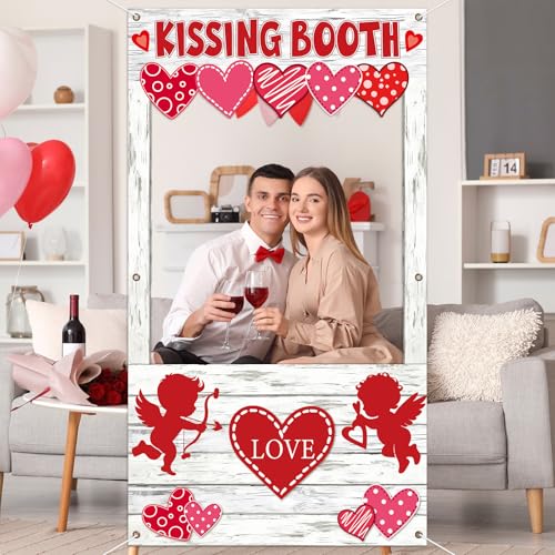 Valentine's Day Party Decorations Kissing Booth Theme Photo Booth Props Cupid Love Heart Banner Valentine Picture Frame for Couple Restaurant Wedding Backdrop Valentines Theme Party Favors Supplies