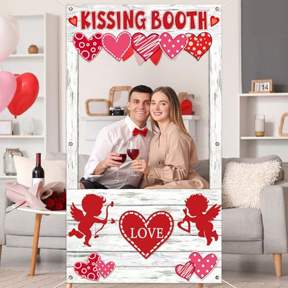 Valentine's Day Party Decorations Kissing Booth Theme Photo Booth Props Cupid Love Heart Banner Valentine Picture Frame for Couple Restaurant Wedding Backdrop Valentines Theme Party Favors Supplies