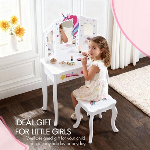 Spirich Kids Vanity, Girls Vanity Set with Mirror and Stool and Lights, Kids Vanity Table and Chair Set, Wooden Princess Makeup Desk Dressing Table - size: Unicorn and Rainbow
