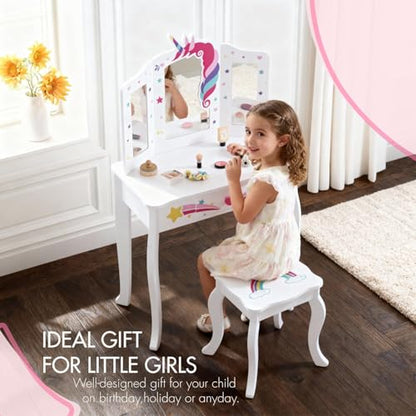 Spirich Kids Vanity, Girls Vanity Set with Mirror and Stool and Lights, Kids Vanity Table and Chair Set, Wooden Princess Makeup Desk Dressing Table - size: Unicorn and Rainbow